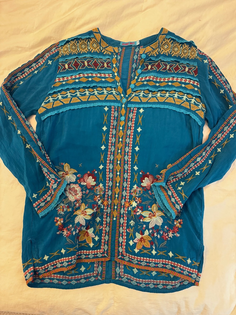 Johnny Was S Teal Blue Embroidered Tunic Blouse Boho Floral